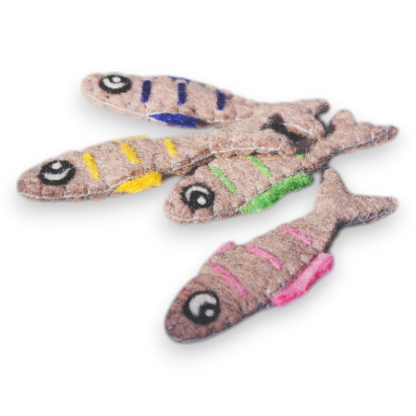 Eco-Friendly Sardine Catnip Felt Fish Toy by Tiga Toys – Handmade, organic catnip, 100% New Zealand wool. Choose from Blue, Green, Pink, or Yellow.