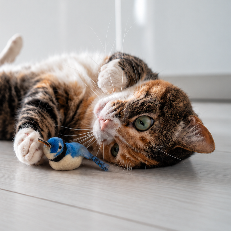 Handmade American Blue Jay feather cat toy by Tiga Toys