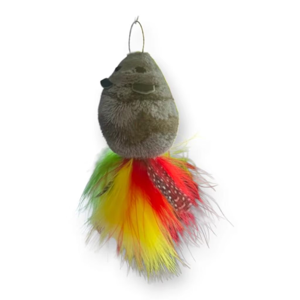 Rainbow Rattie rat-shaped cat toy with a colourful feather tail and loop attachment on a white background